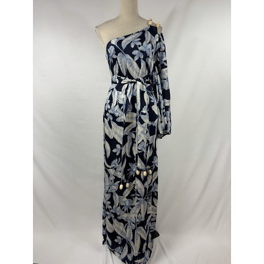 Alexis Randi One Shoulder Maxi Dress Navy Blue Floral Print Size XS Beaded Belt